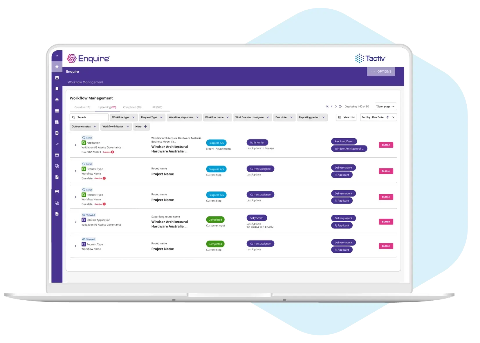 Workflow management screen wide