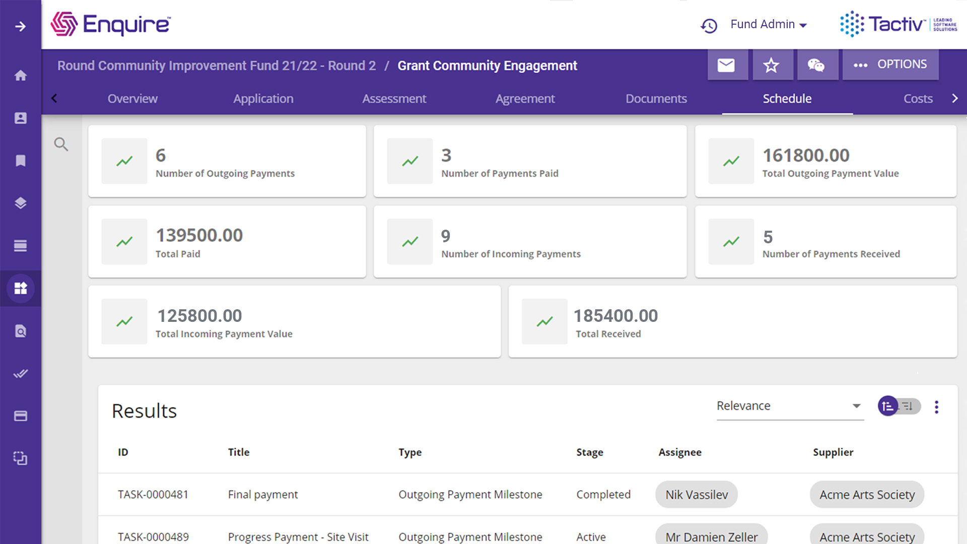 An Enquire interface showcasing the contract schedule and payment screen