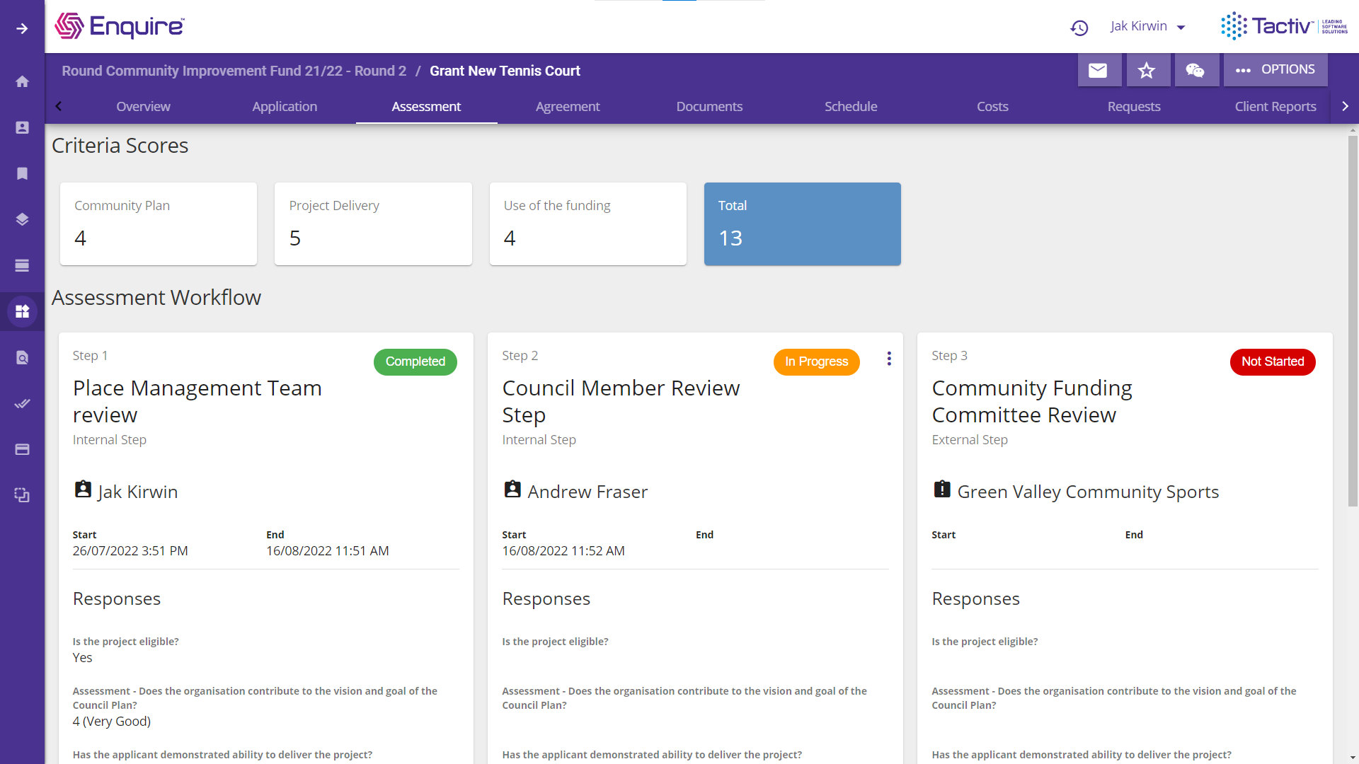 Enquire user interface showcasing external grant assessors completing tasks